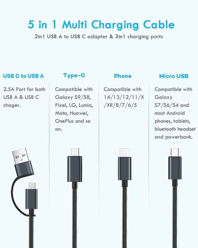 Multi Charging Cable 5 in 1, 2PCS 4FT USB C/A Charger to...