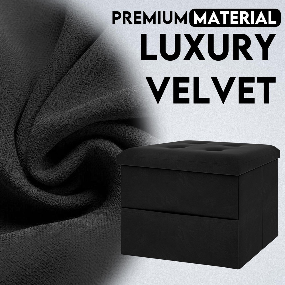 Multi Use Storage Ottoman, Velvet Foot Rest, Foldable Design, Compact, Black