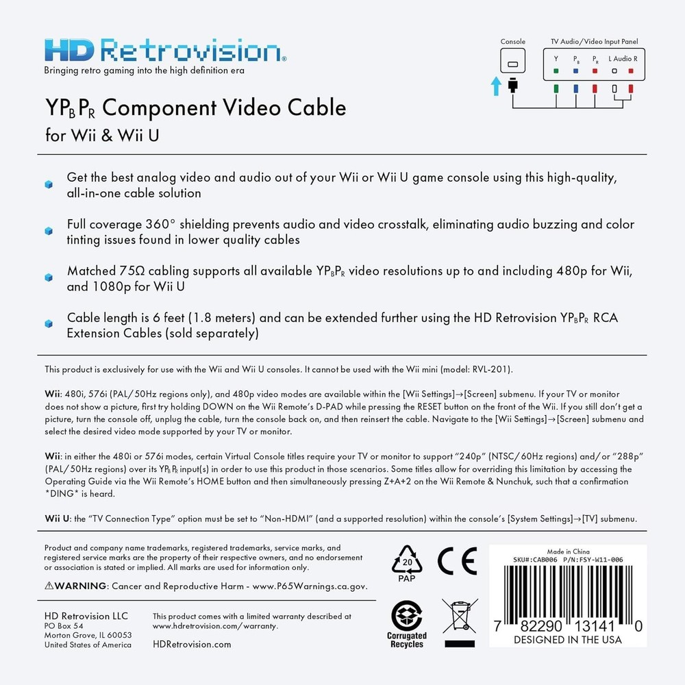 Shielded YPbPr Component Video Cable for Wii/Wii U