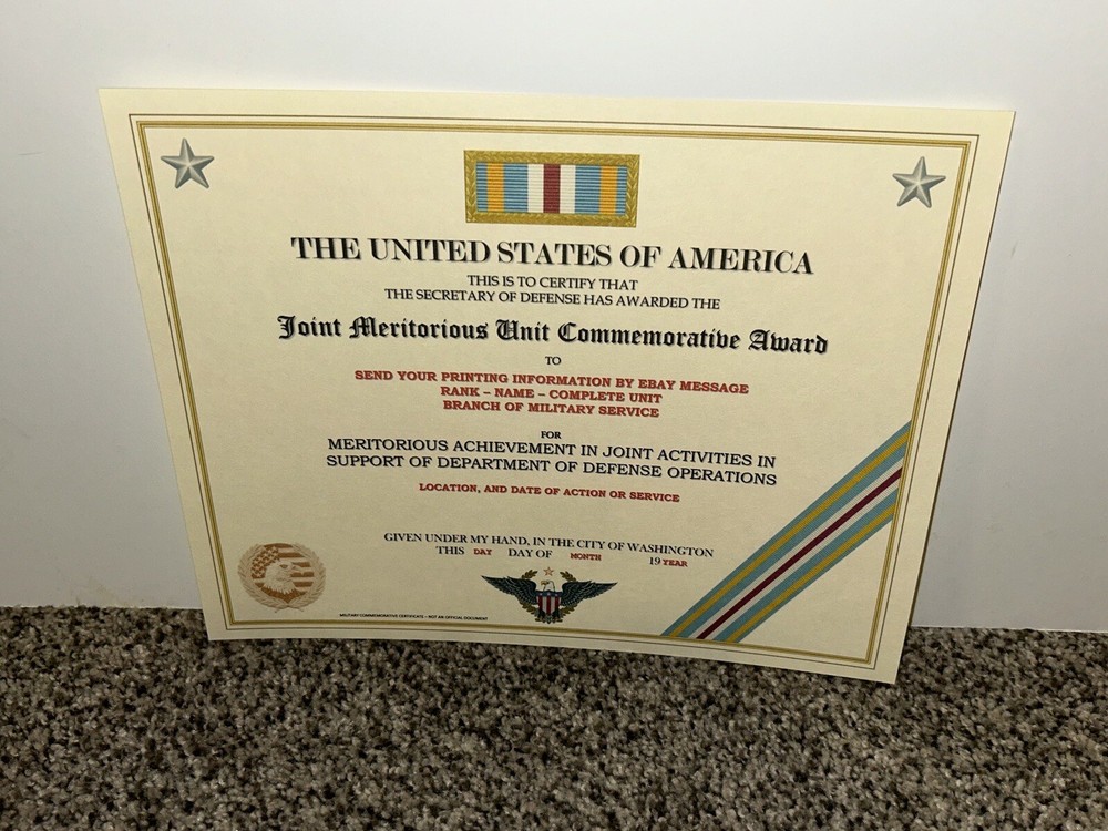 JOINT MERITORIOUS UNIT COMMEMORATIVE AWARD CERTIFICATE ~W/PRINTING T-1