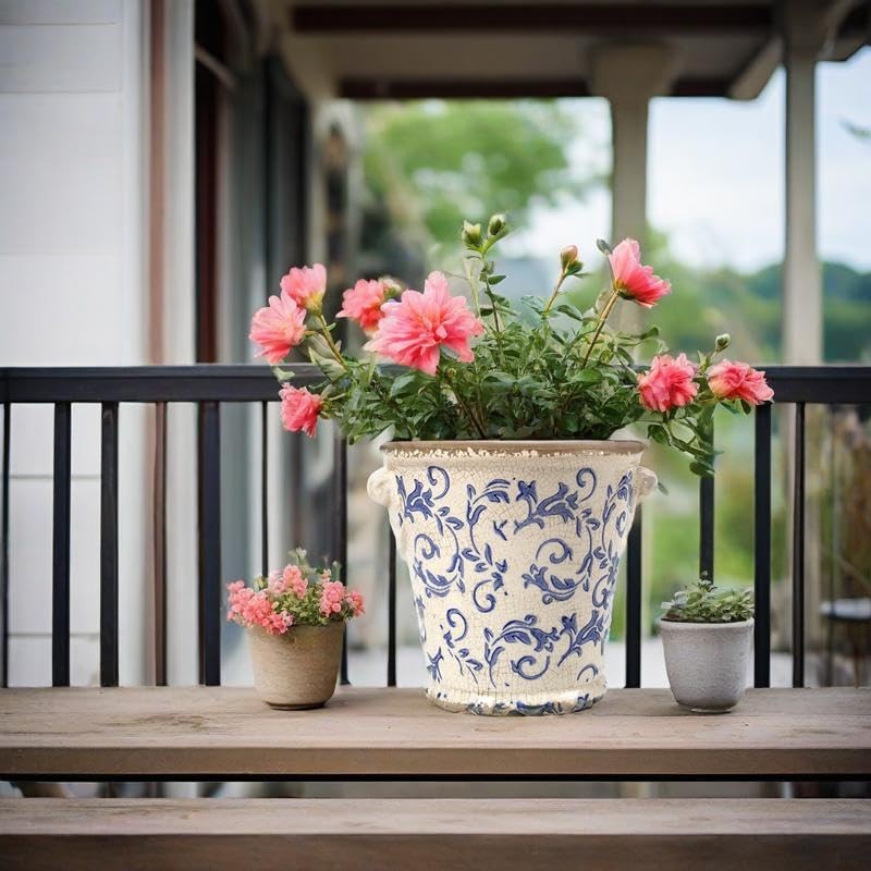 Vintage Planter Flower Pot Rustic Container with Handle Ceramic Ice Crack Blue