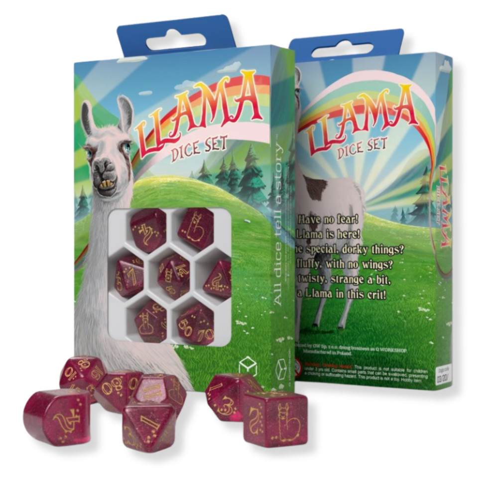 Q-WORKSHOP Puffy Llama Dice Set 7pc Shimmer Raspberry Glitter RPG DND