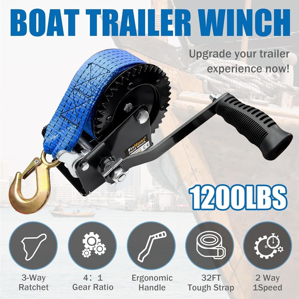 Boat Trailer Winch，Heavy Duty Hand Winch with Polyester Strap, 1200LBS