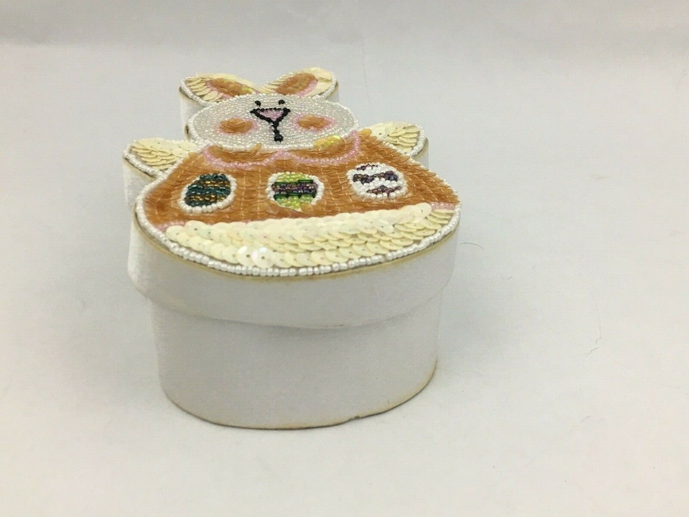 Vintage Easter Bunny Beaded Sequined Trinket Box Gift Holder Spring Decoration