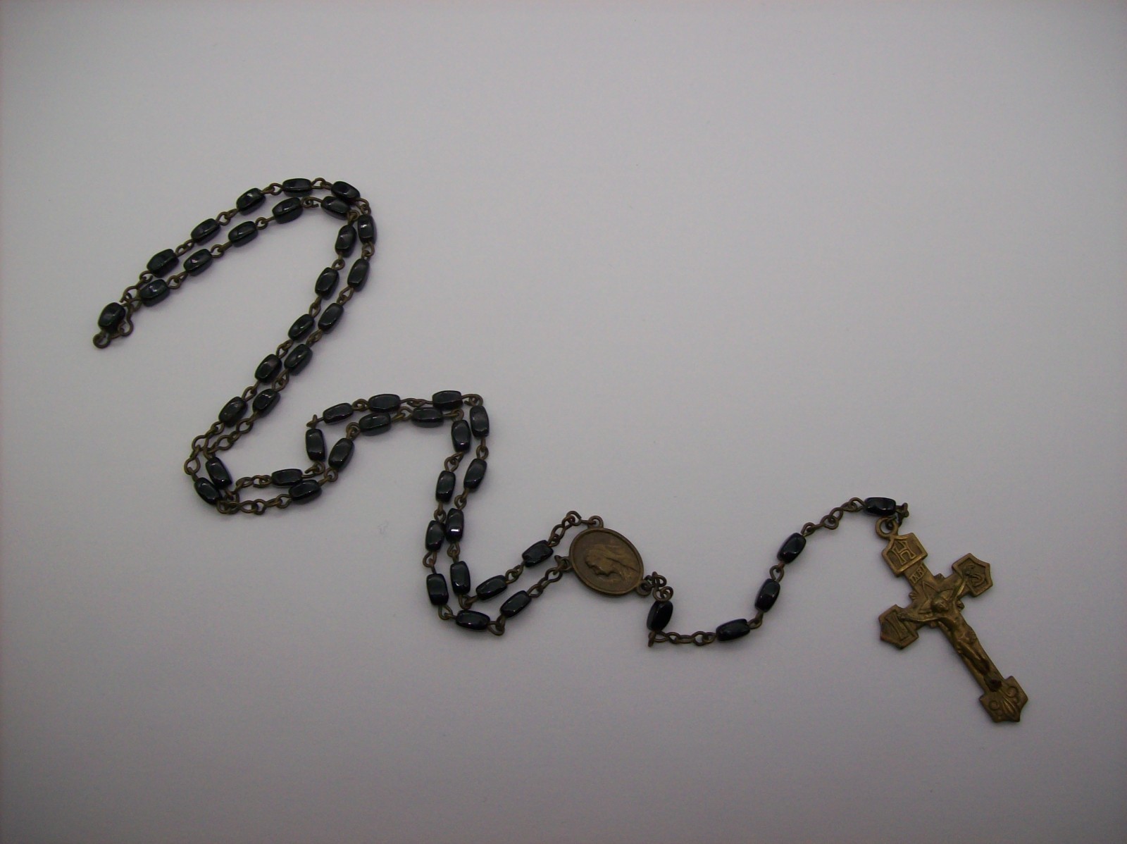 Vintage Catholic Rosary Black Beads Brass Crucifix Made in Czechoslovakia
