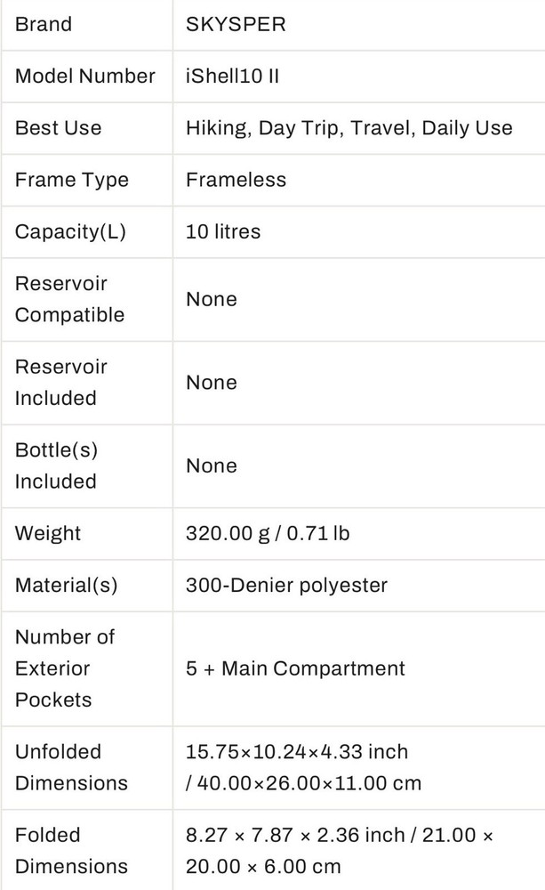 Skysper ISHELL10 II Lightweight 10L Backpack