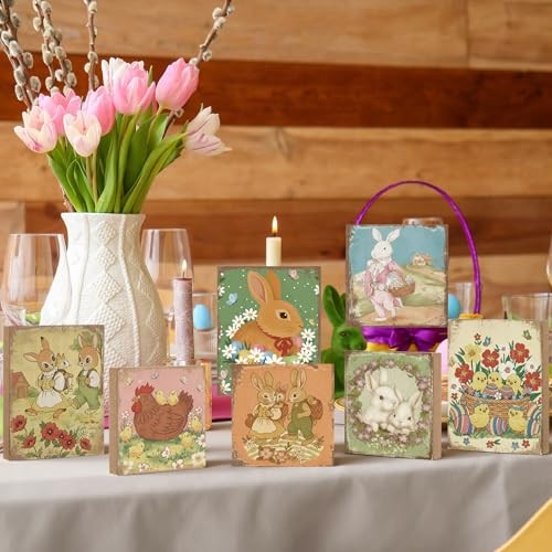 8 Pcs Vintage Easter Decorations Retro Bunny Wooden Sign Easter Table
