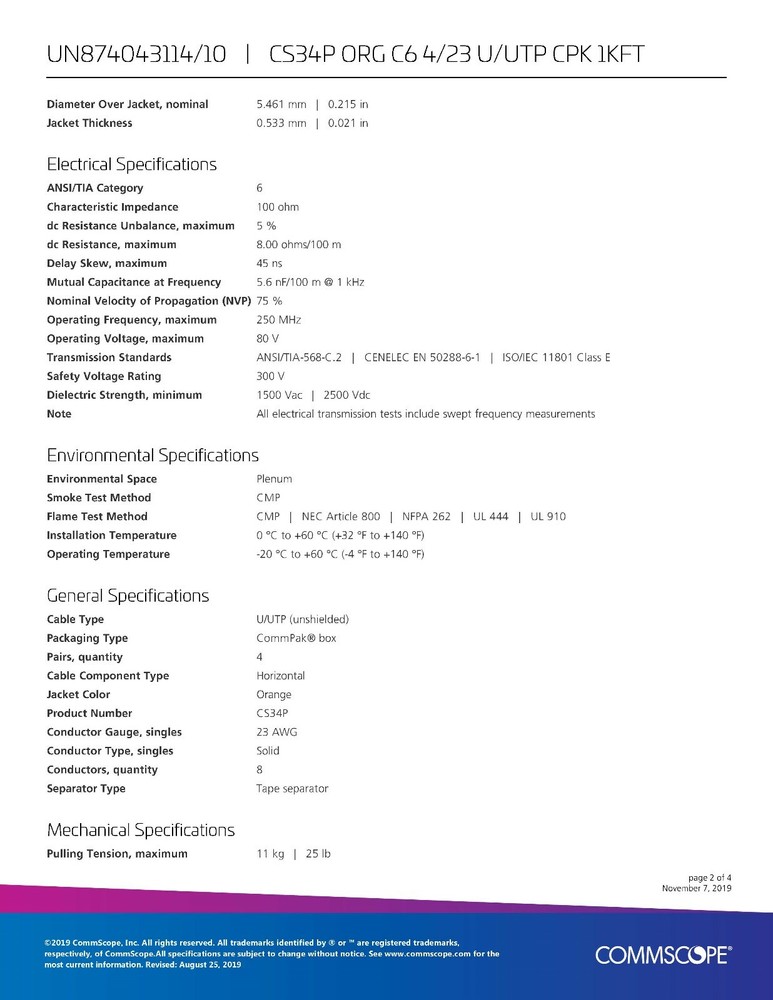 Commscope CS34P 23/4P Cat6 U/UTP WebTrak Plenum CMP Network Cable Orange /100ft