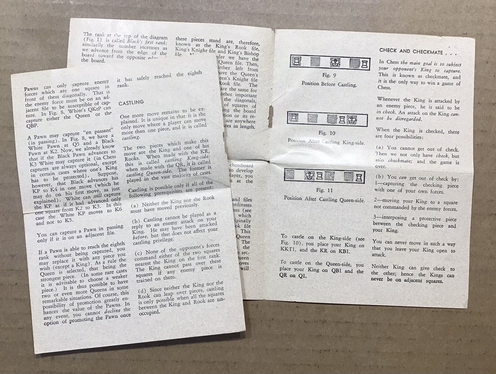Vintage 1945 E. S, Lowe Co. Tournament Chessmen Staunton Pattern Set & Rules