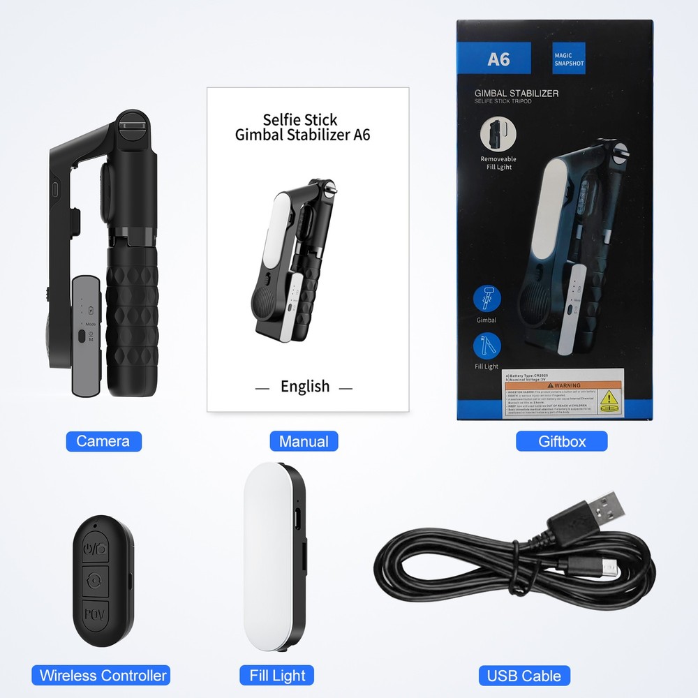 Video Mobile Phone Gimbal Stabilizer,Foldable Selfie Stick,Fill Light,w/Remote