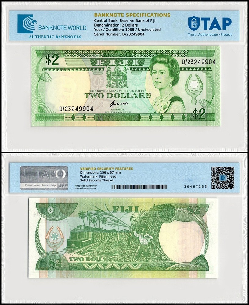 Fiji 2 Dollars, 1995 ND, P-90a, UNC, TAP Authenticated