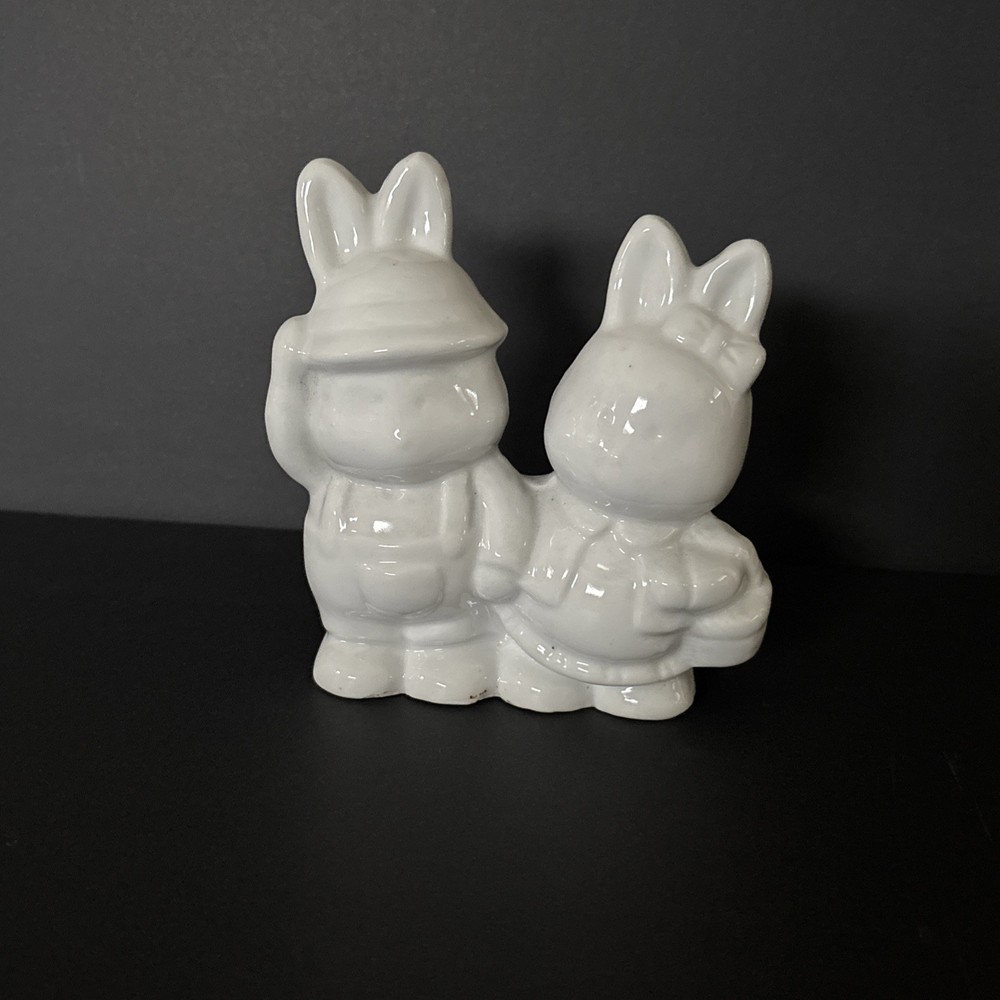 Conjoined Solid White Farmer Boy & Girl Bunny Rabbits. Easter Decor.pre-owned.