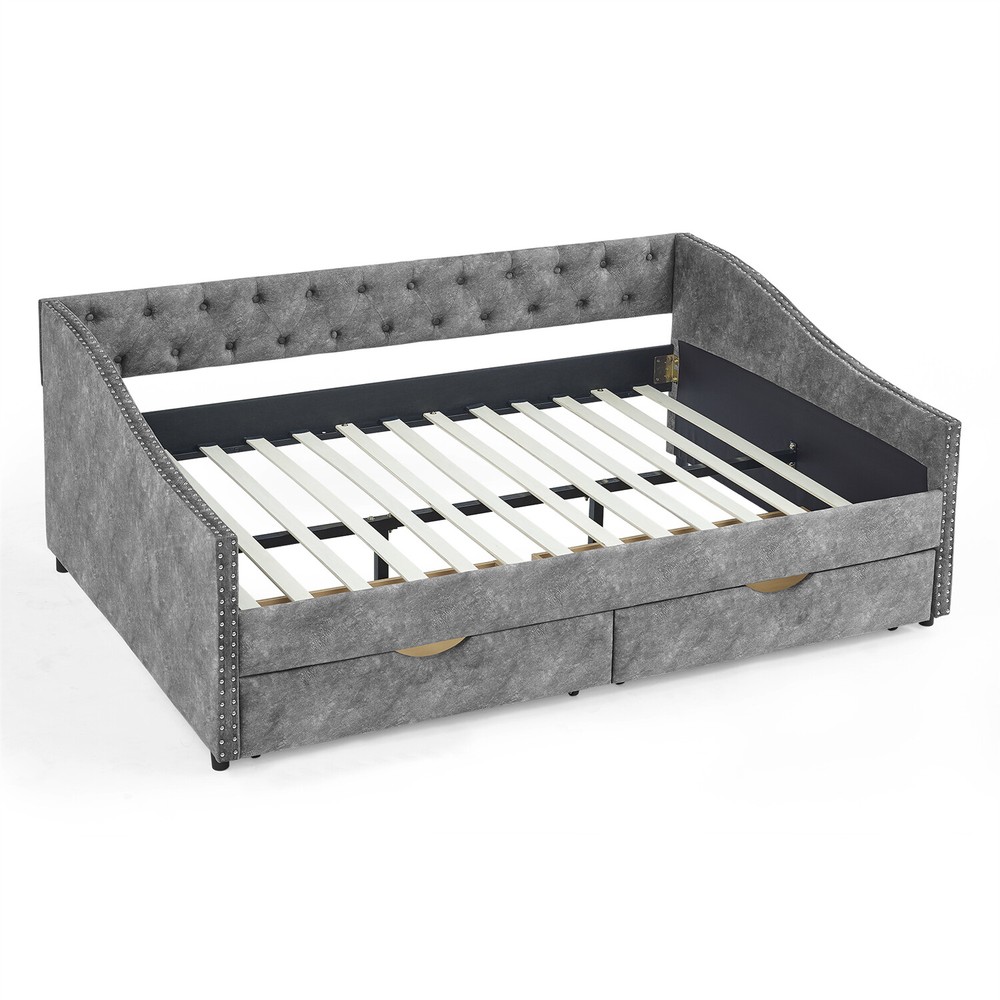 Full Size Daybed Upholstered Bed Frame Sofa Bed w/ 2 Storage Drawers US