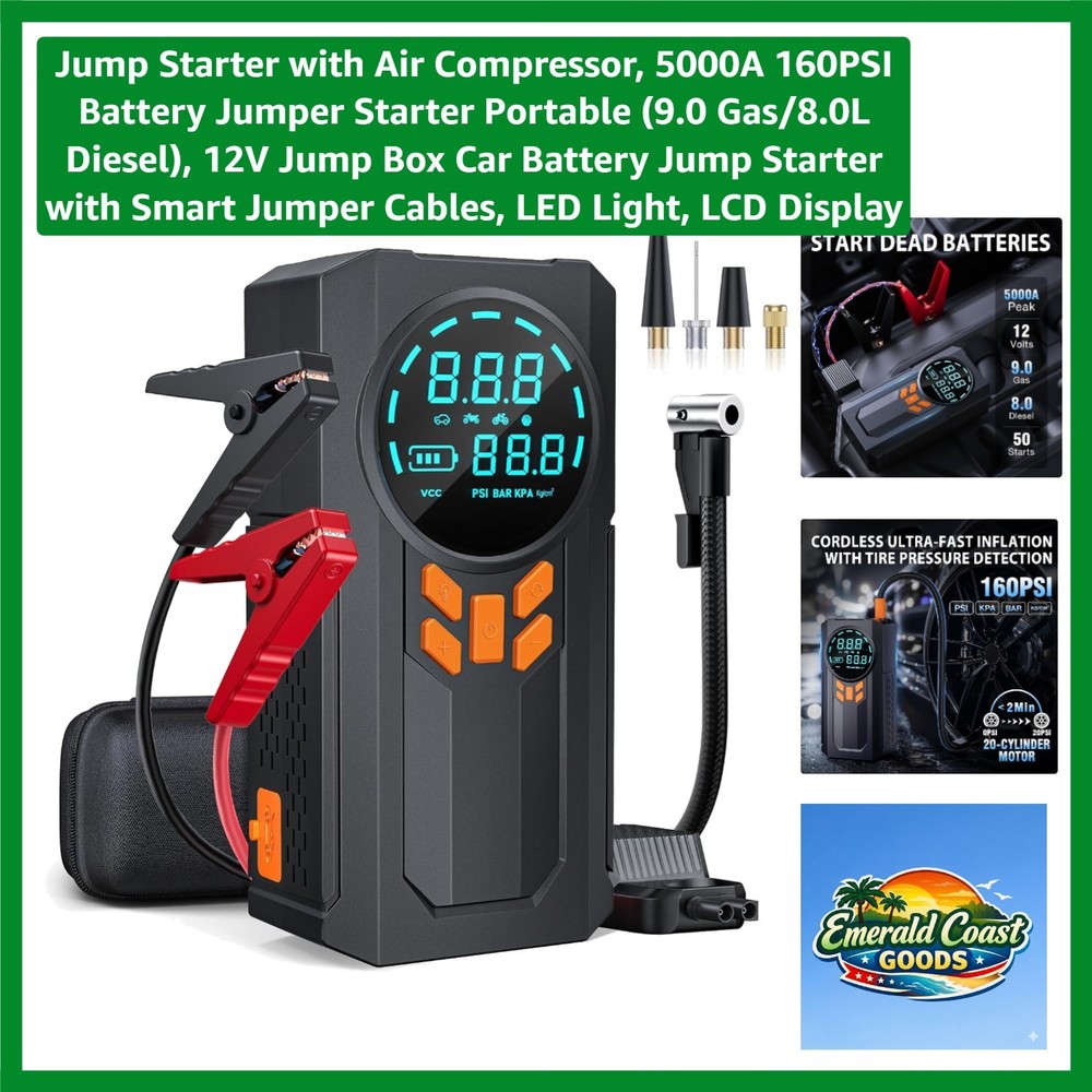 5000A Jump Starter with Compressor - Ultimate Emergency Backup Solution