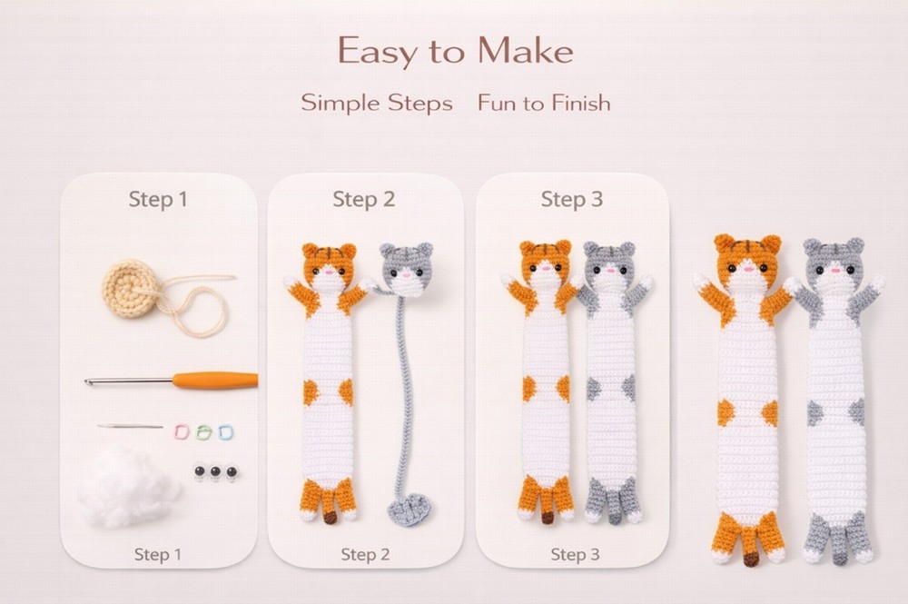 Cat Crochet Bookmark Kit 2 Pack for Beginners DIY Set with Video Tutorial