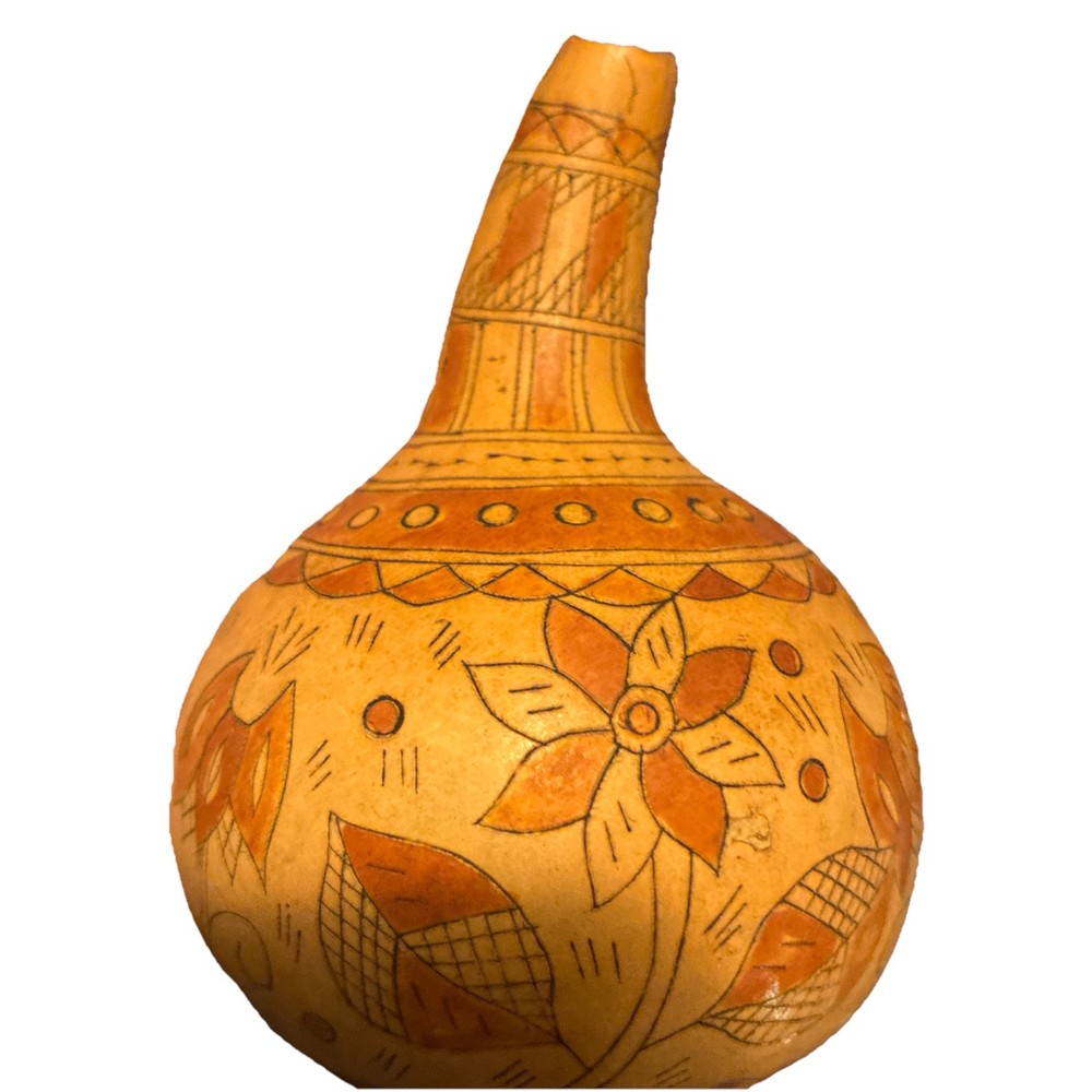 Vtg Peruvian Etched Gourd Vessel 5”