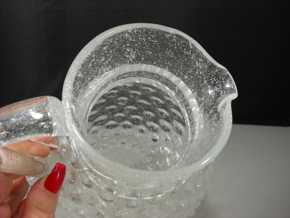 Vintage Clear Crackle Glass with Hobnail Pattern & Applied Handle Pitcher