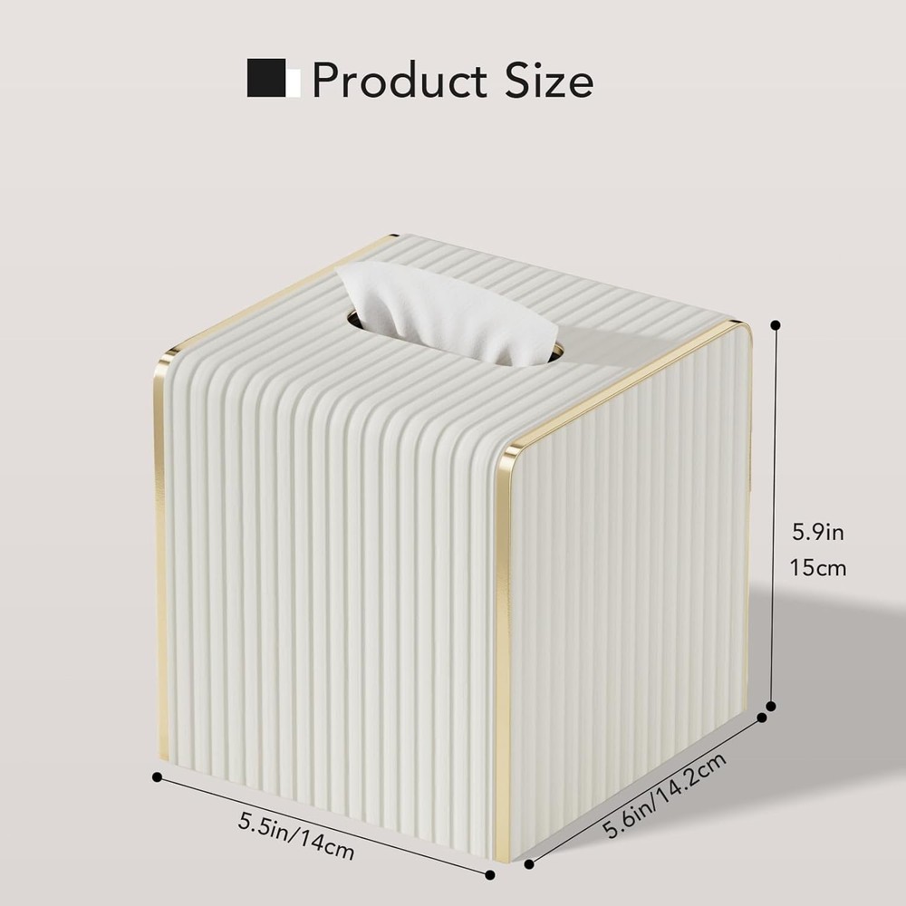 Leather Tissue Box Cover Square Modern Decor with Gold Edging