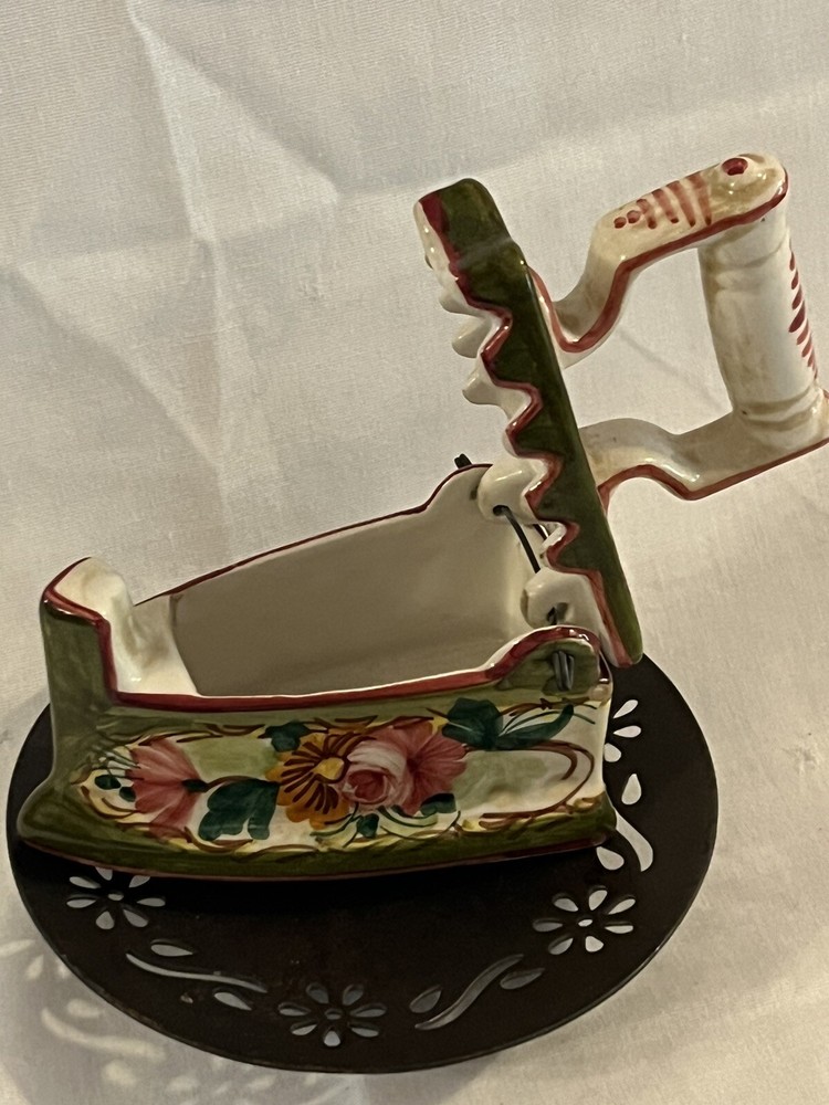 Ceramic Sad Iron Hand Painted Sewing Thread Box Very Good Condition!