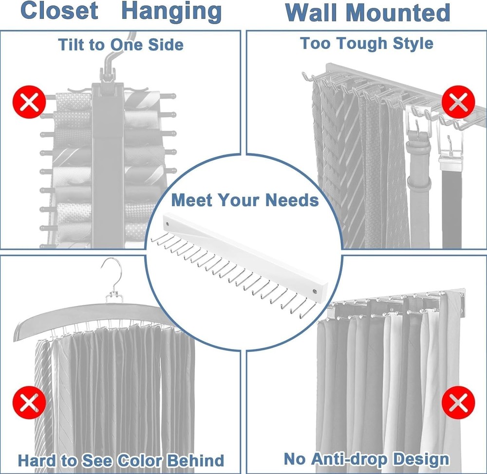 Tie Rack Wall Mounted, Belt Organizer for Men with 20 1 Pack, White