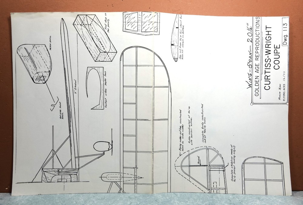 CURTISS-WRIGHT COUPE BALSA FREE FLIGHT MODEL AIRPLANE PLANS 20" WINGSPAN