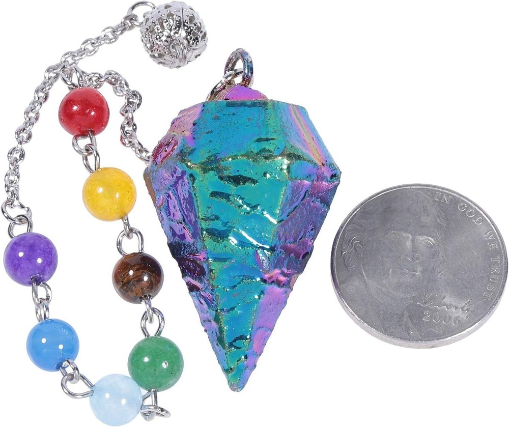 Handcrafted Chakra Healing Pendulum with Rainbow Titanium Coating & Gift Pouch