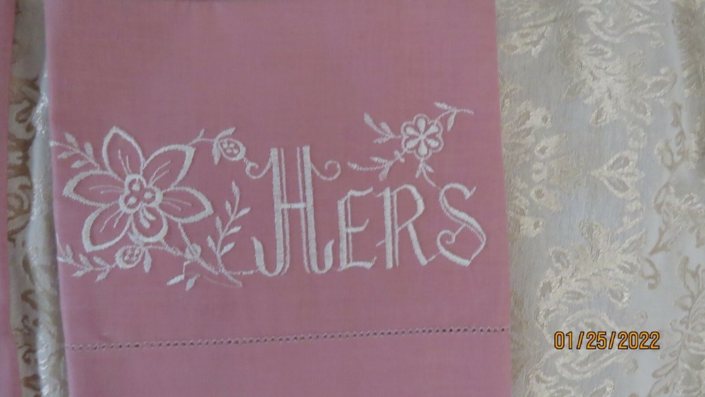 His & Hers Pink Machine Embroidered Pillow Cases (2)