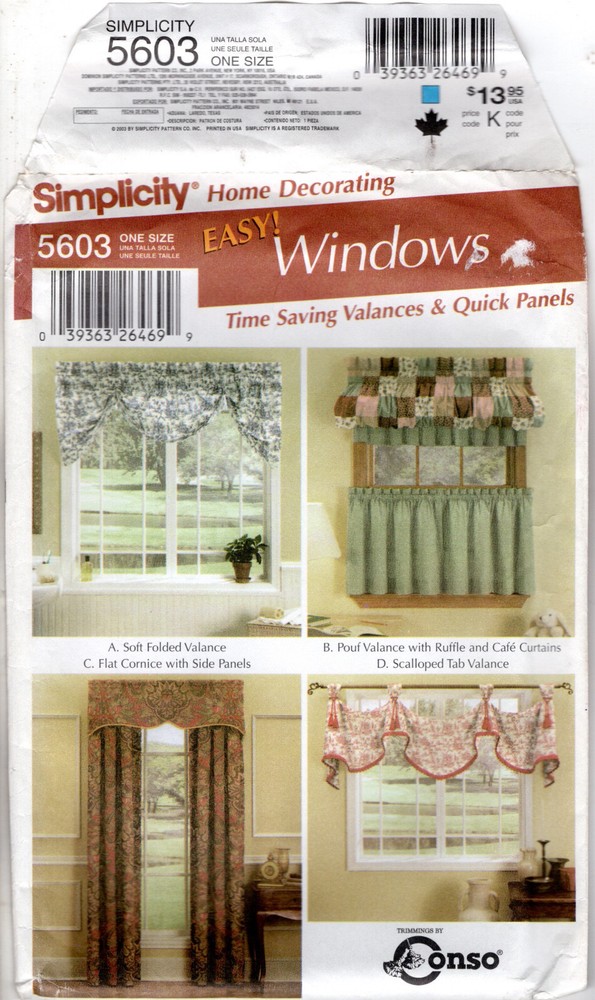 "Easy! Windows" ©2003 Simplicity Home Decorating Sewing Pattern # 5603 UNCUT