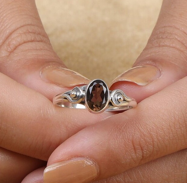 Solid 925Sterling Silver Natural Smoky Quartz Oval Brown Gemstone Boho Band Ring