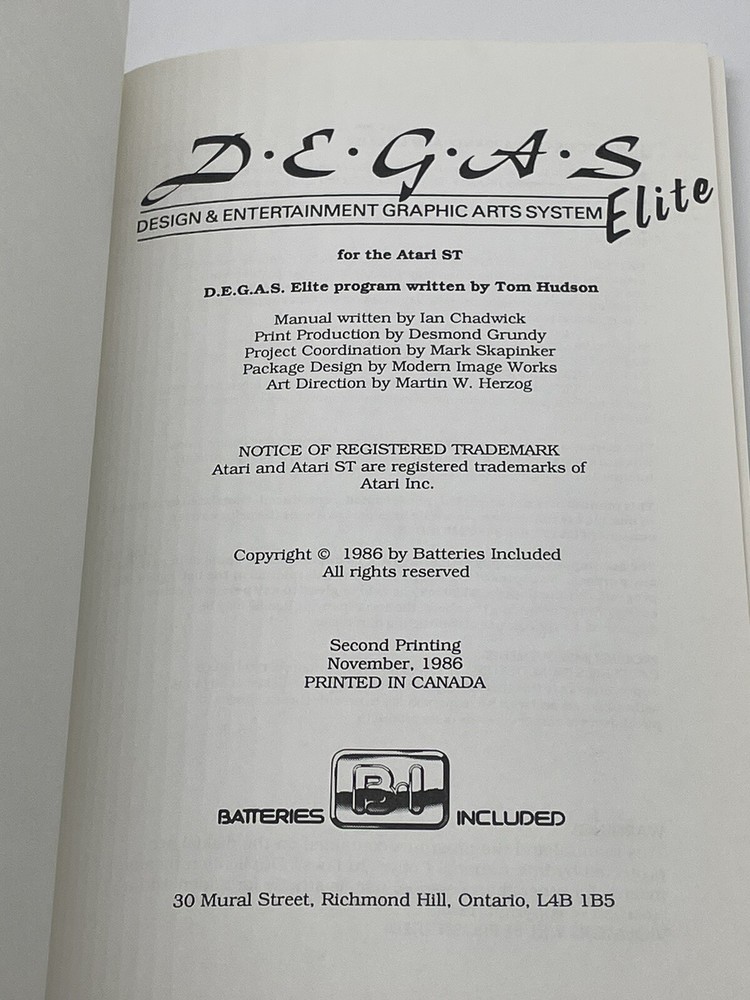 ATARI ST 1986 DEGAS Graphics Elite Book Integral Solutions Batteries Included