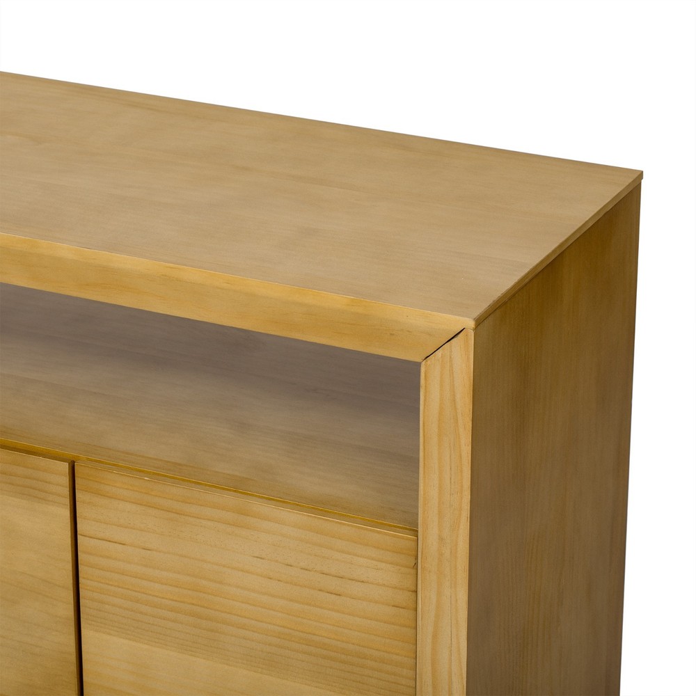 60" Modern Minimalist Solid Wood Veneer Sideboard (4 Doors+Open Shelf, Natural