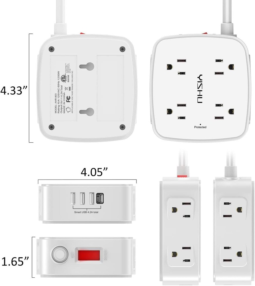 6ft Surge Protector Power Strip, 8 Outlets + 4 USB, Flat Plug Wall Mount