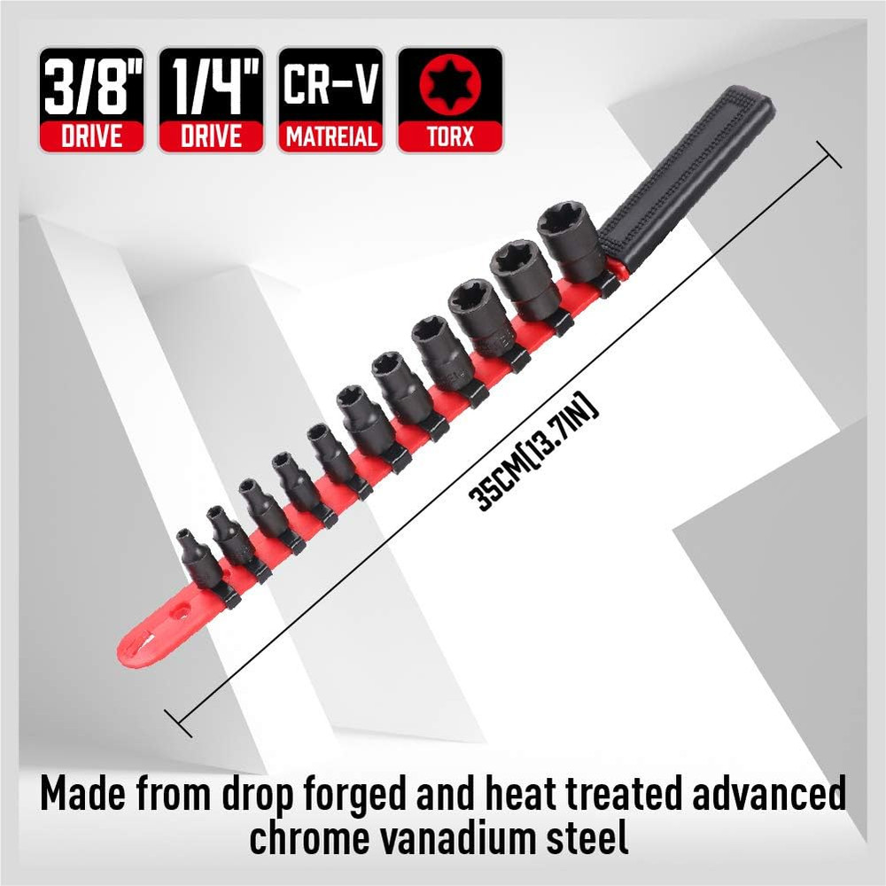 11-Piece E-Torx Socket Set - Star Socket Set with Socket Rail, External To