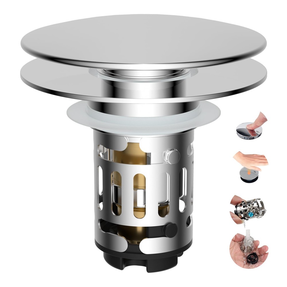 Hibbent Upgraded 3 in 1 Bathroom Sink Drain Strainer, Universal Pop Up Chrome