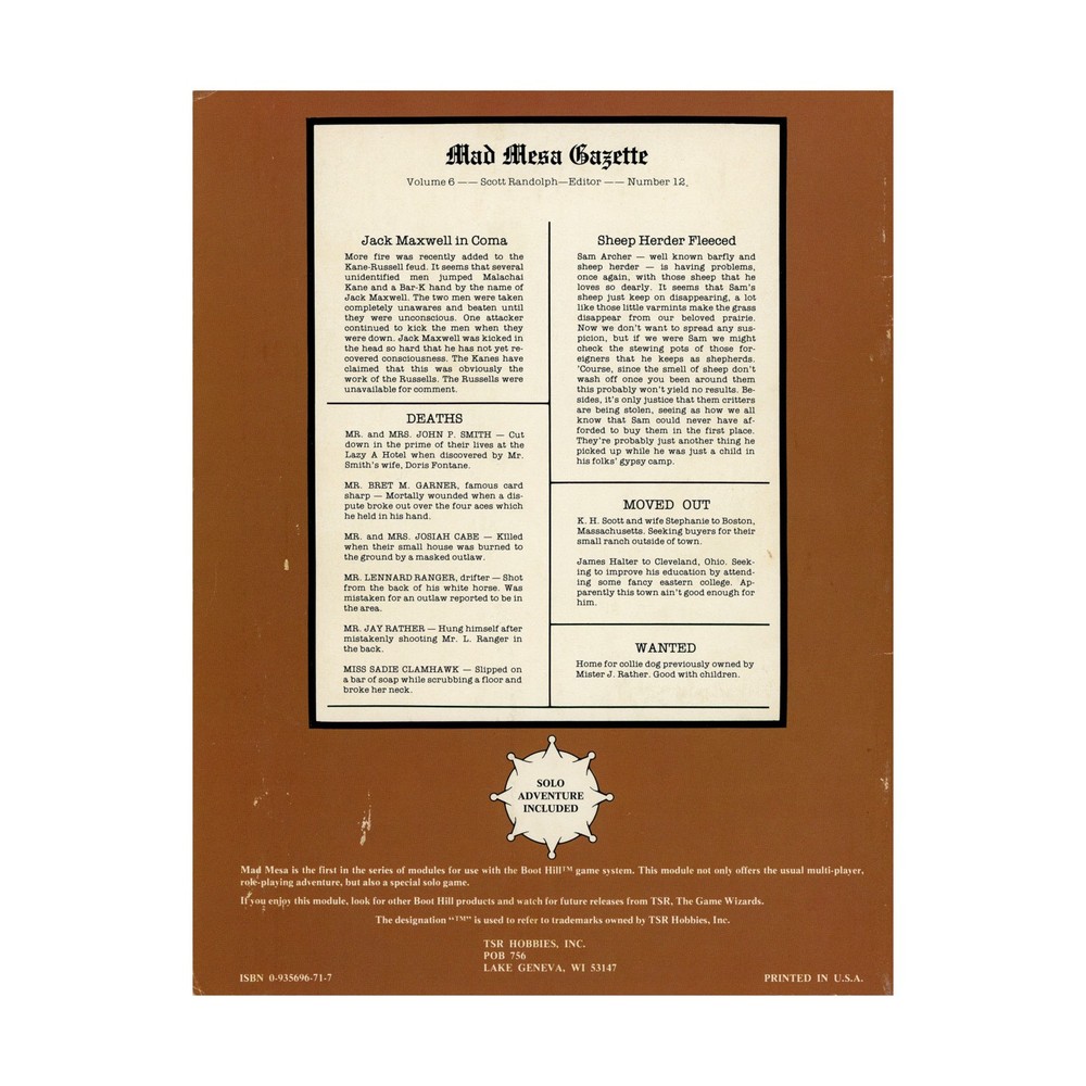 TSR Boot Hill Mad Mesa VG+