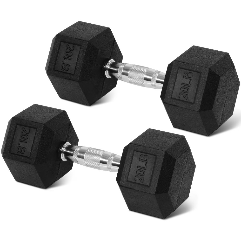 Rubber Encased Hex Dumbbells, 20 lbs Pair, Black