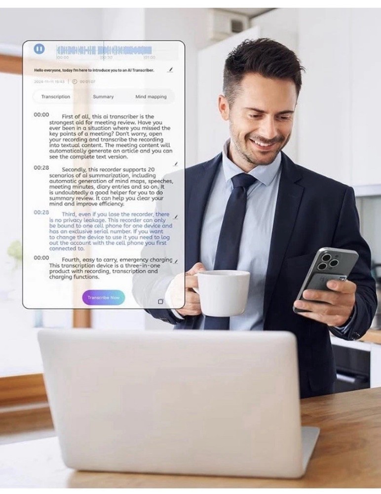 Ai Voice Recorder-Record,Transcribe,Multi Languages 50ft Bluetooth Distance