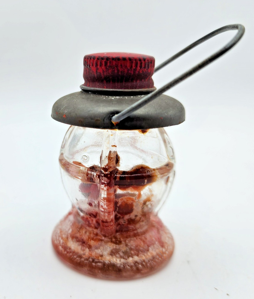Vintage Mini Glass Railroad Lantern Candy Container. Still has melted candy