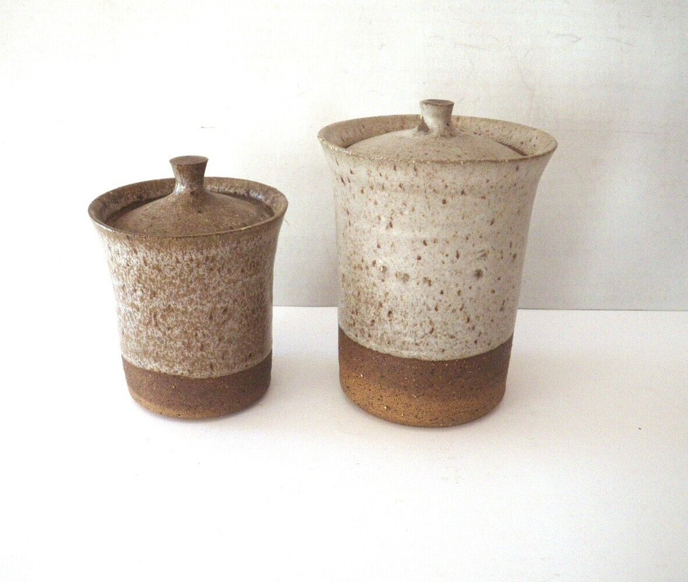 1960s 2 Small Henry Gernhardt Signed Studio Pottery Lidded Canisters MCM Ceramic