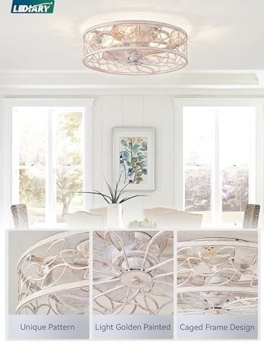 Caged Ceiling Fans with Lights, White Flush Mount Ceiling Medium White Gold