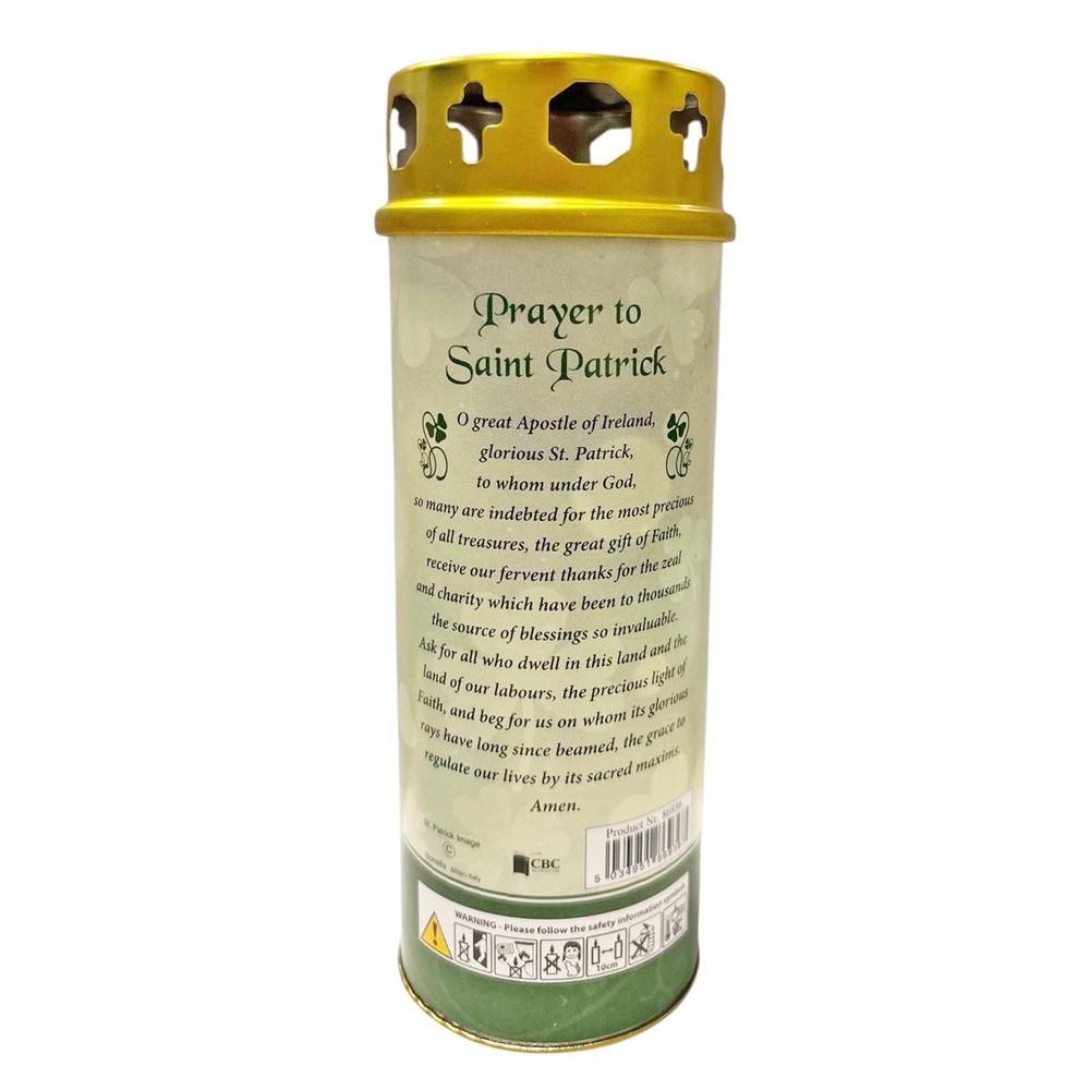 Religious Pillar Candle and Windproof Cap And Prayer - Saint Patrick