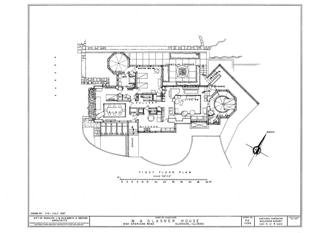Frank Lloyd Wright Prairie Style hillside house, PRINTED Architectural plans