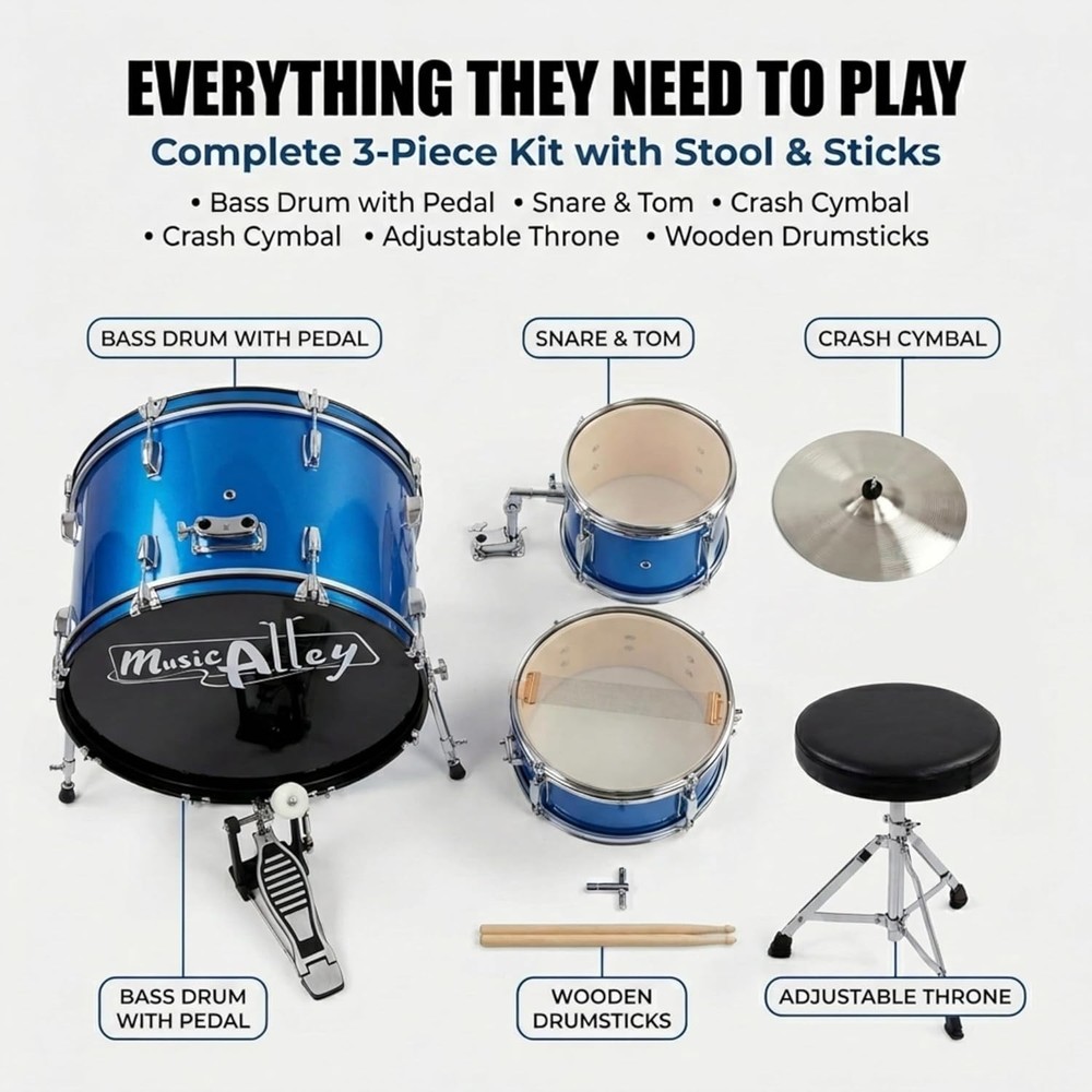 Kids 3-Piece Drum Set with Sticks & Throne