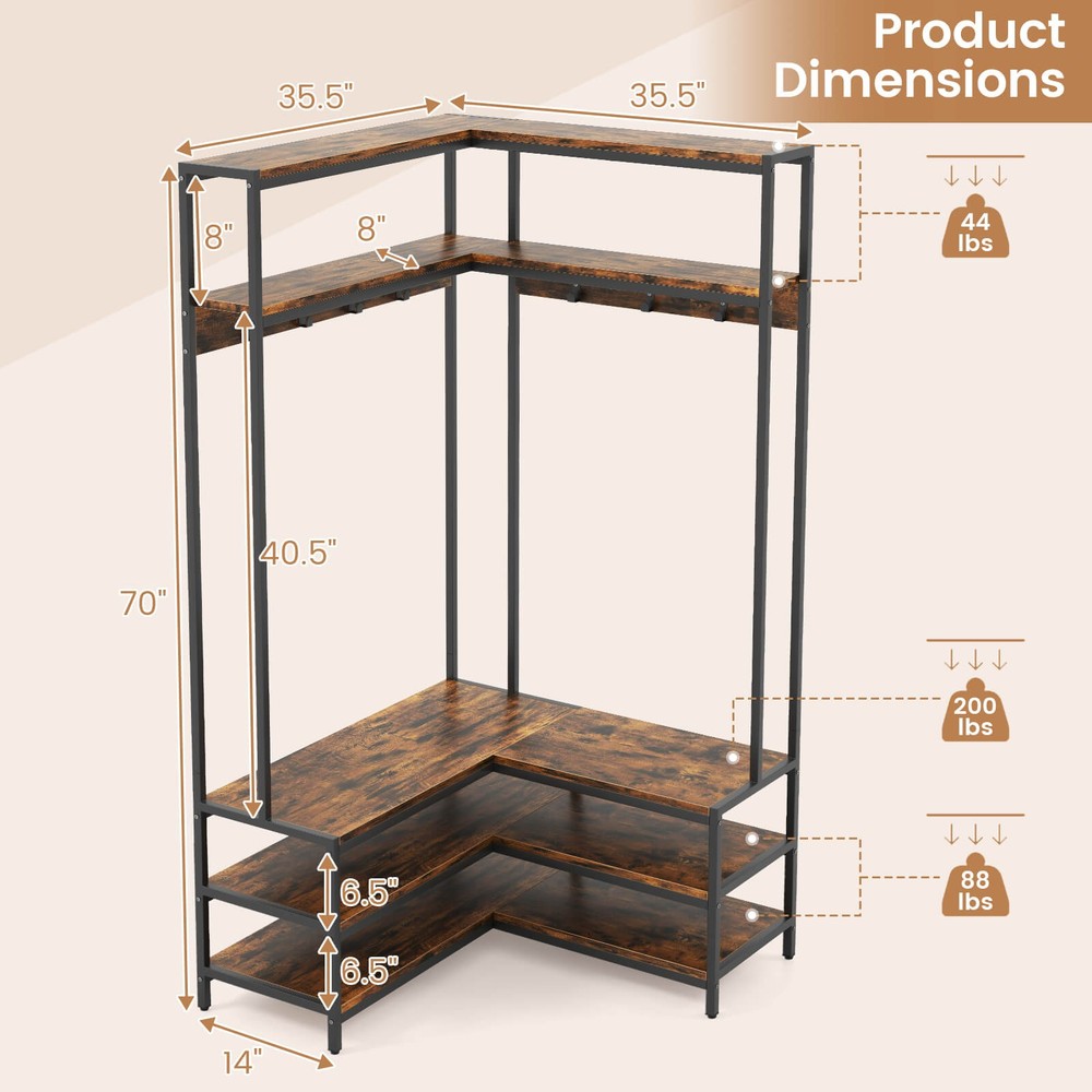 Corner Garment Rack w/ Open Shelves & 7 Hooks Shoe Bench Solid Metal Frame