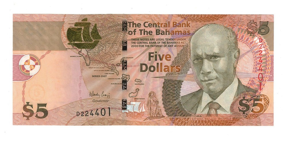 BAHAMAS 5 DOLLARS 2007 P72 UNC Banknote