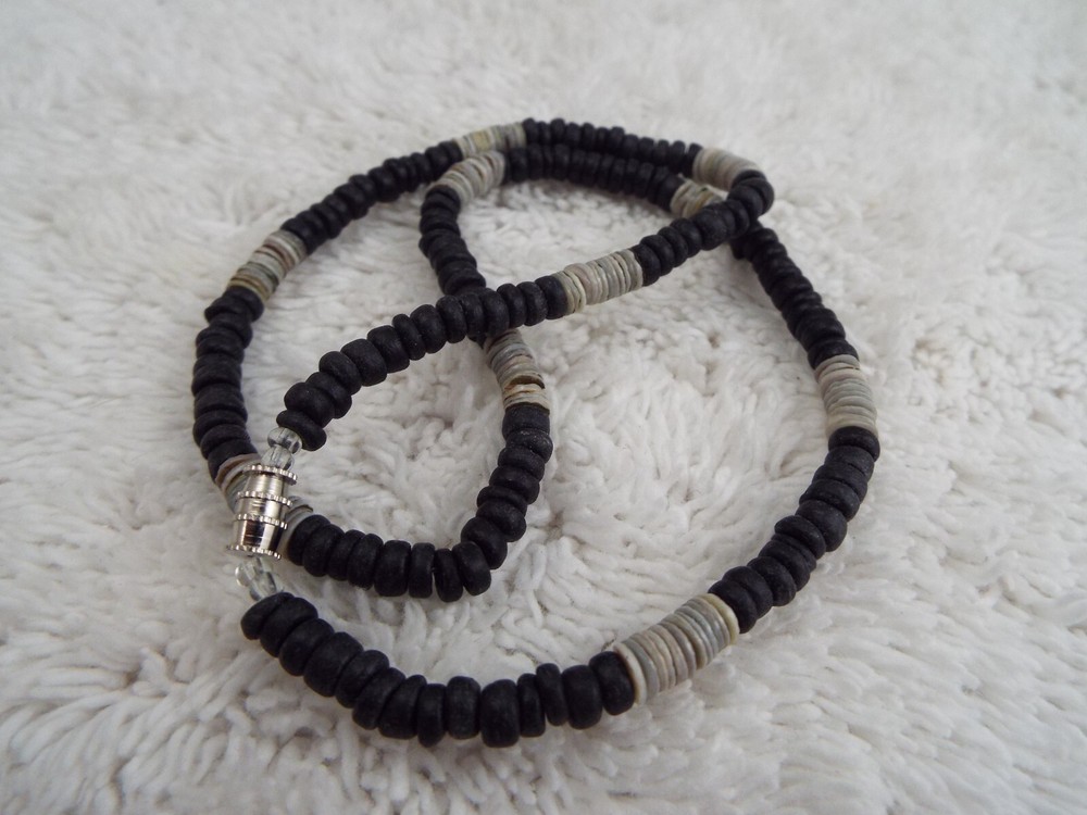 Black Wood & Shell Heishi Bead Necklace (B46)