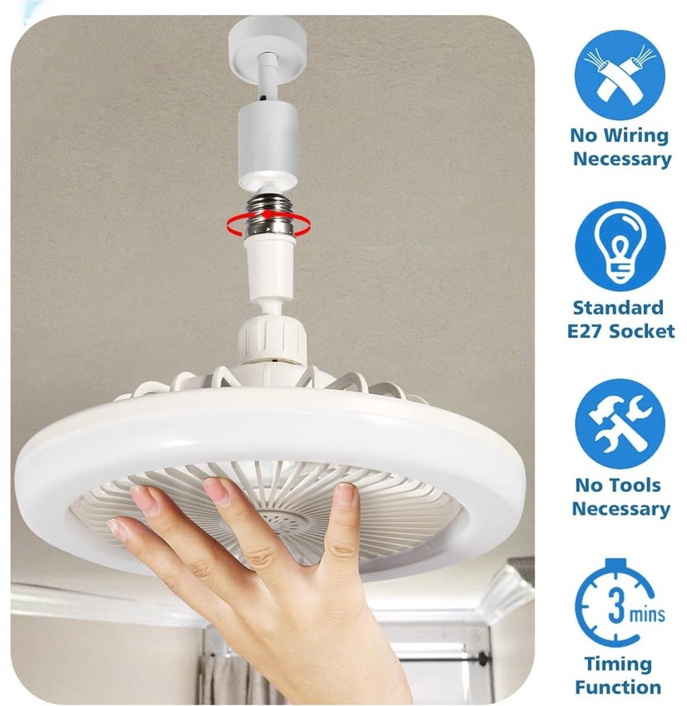 10" Adjustable E27 Socket Ceiling Fan Light 3-Color Temp LED Chandelier w/Remote