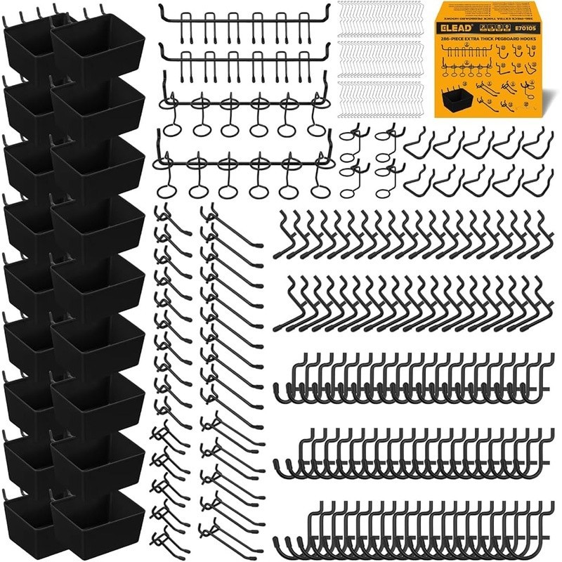 286 Piece Heavy Duty Pegboard Hook & Bin Organizer Set Universal Compatibility