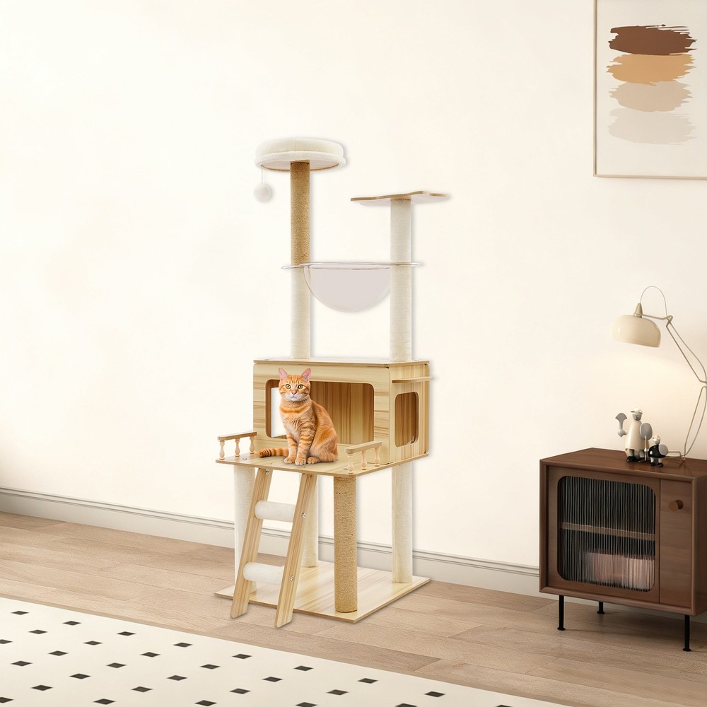 Cat Tree Cat Scratching Climbing Tower With Climbing Steps & Swing Ball 147cm