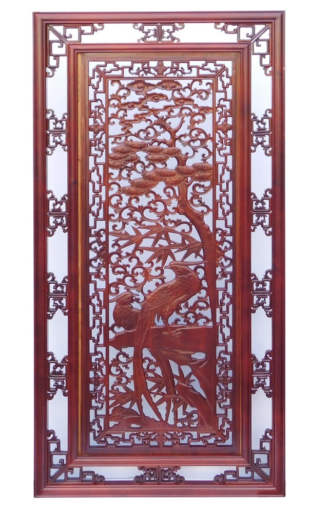 Chinese Oriental Rectangular Vertical Birds Wood Wall Panel cs1362-2